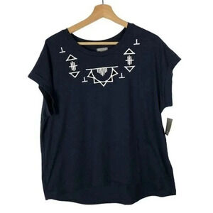 Falls Creek Navy Blue White Embroidered Short Sleeve Top XL